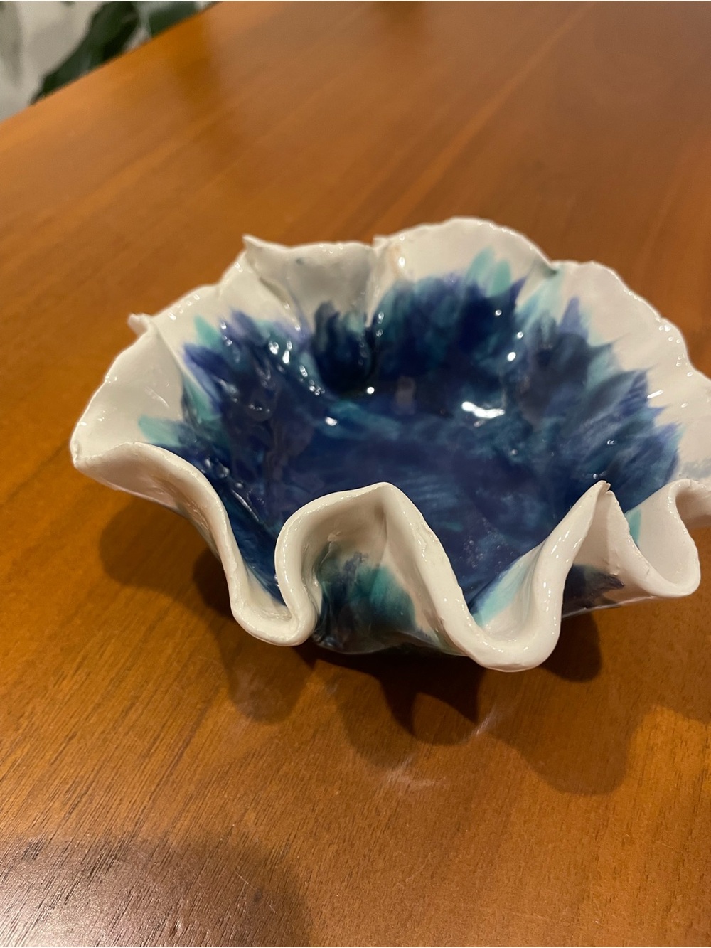 Ring dish, Artisan White Ceramic Bowl with Deep Blue & Teal Interior
